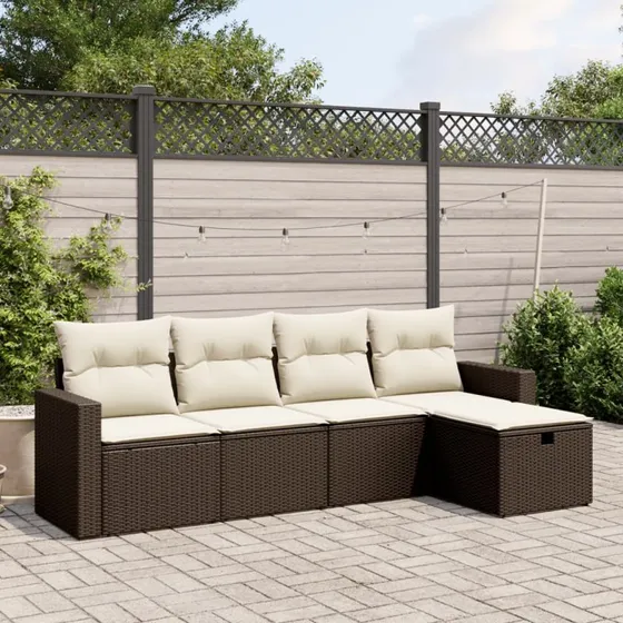 Havesofasæt 5 dele i brun polyrattan med hynder