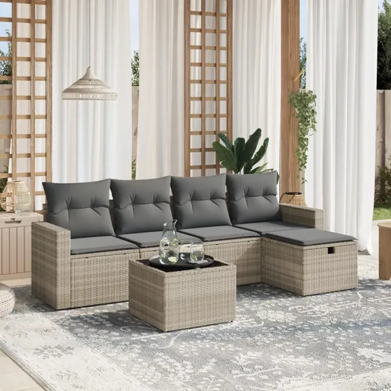 Havesofasæt 6 dele i lysegrå polyrattan med hynder