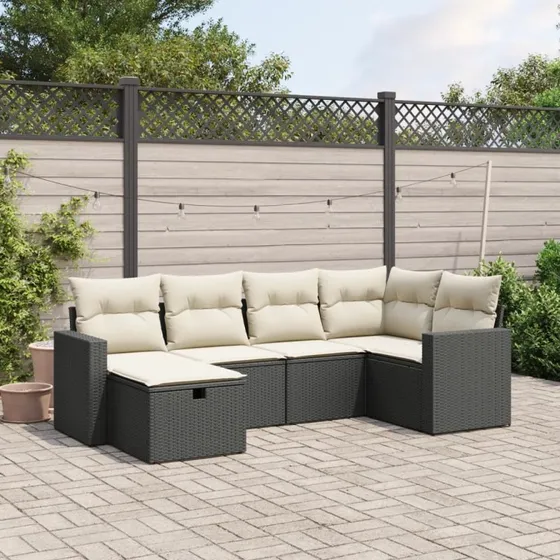 Havesofa sæt 6 dele i sort polyrattan med hynder