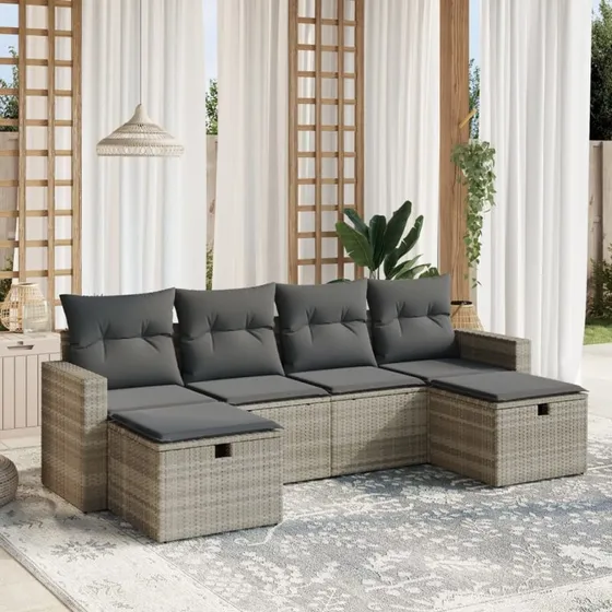 Havesofa sæt 6 dele i lysegrå polyrattan med hynder