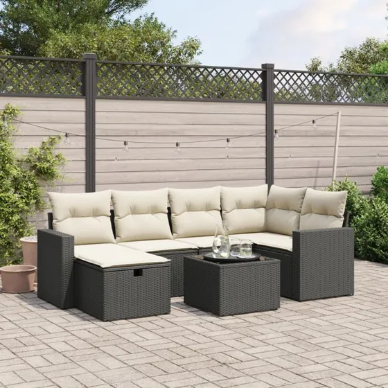 7-delers havesofasæt i sort polyrattan med hynder
