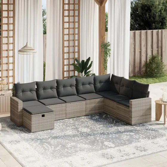 Havesofasæt 8 dele i lysegrå polyrattan med hynder