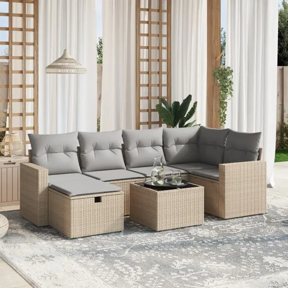 Havesofasæt 7 dele i polyrattan med hynder, beige