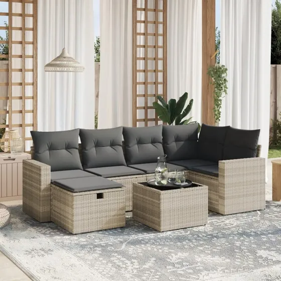 Havesofasæt 7 dele i lysegrå polyrattan med hynder
