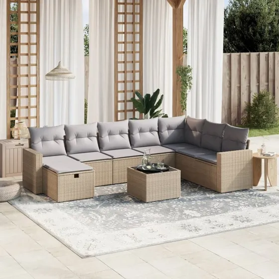 Havemøbelsæt 9 dele i beige polyrattan med hynder