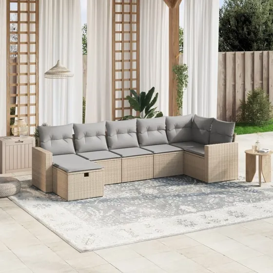 Havesofasæt 7 dele i polyrattan med hynder, beige
