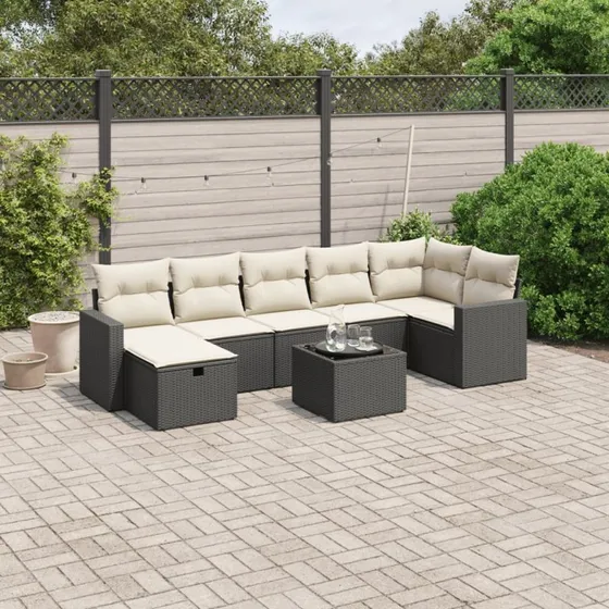 Havesofasæt 8 dele polyrattan sort m. hynder