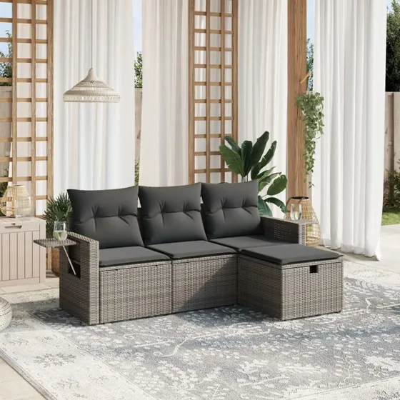 Sofasæt til haven 4 dele i polyrattan med hynder, grå