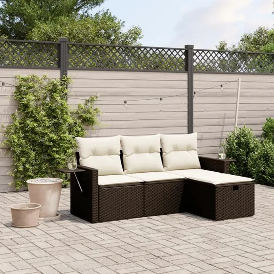 Havesofasæt 4 dele i polyrattan med hynder - brun