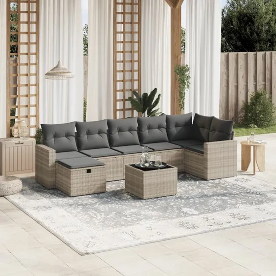 Havesofasæt 8 dele i lysegrå polyrattan med hynder