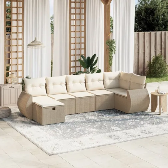 Havesofasæt 7 dele polyrattan beige med hynder