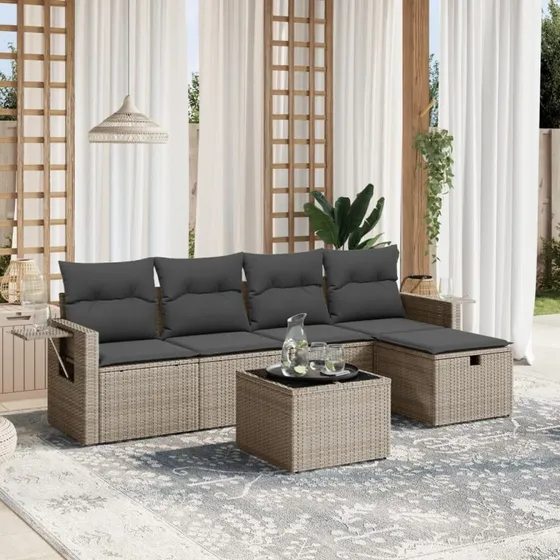 Havesofasæt 6 dele i polyrattan med hynder – grå
