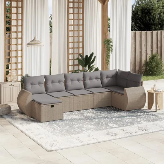Havesofasæt 7 dele i polyrattan med hynder, beige