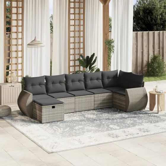 Havesofasæt 7 dele i lysegrå polyrattan med hynder