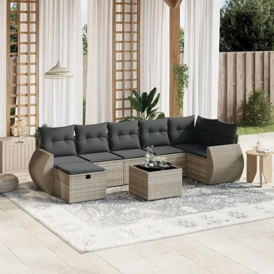 Havesofasæt 8 dele i lysegrå polyrattan med hynder