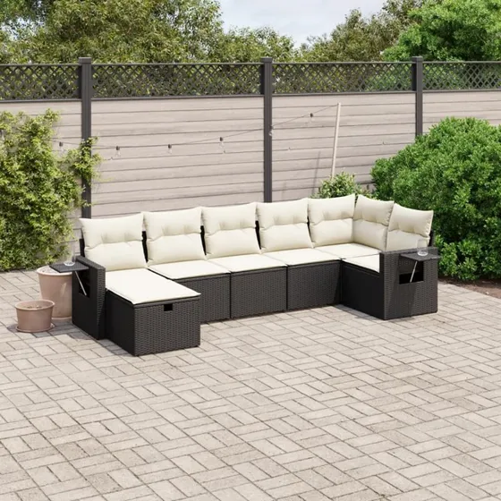 Sofasæt til haven 7 dele i polyrattan med hynder - sort