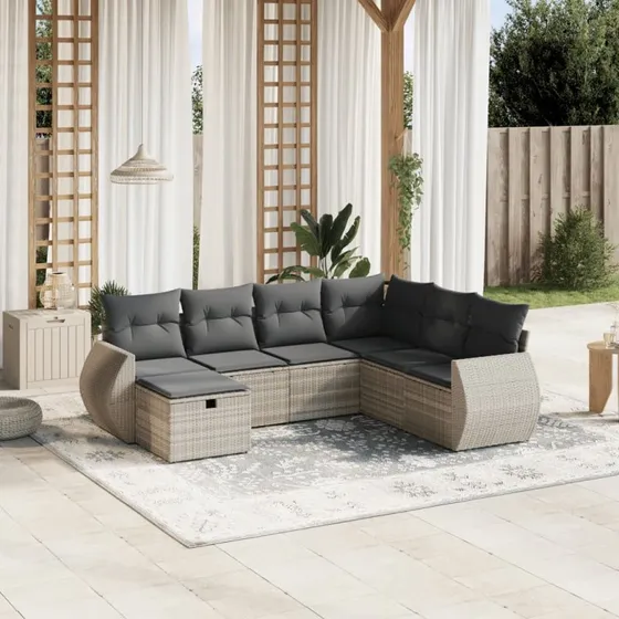 Havesofasæt 7 dele i lysegrå polyrattan med hynder