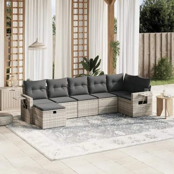 Havesofasæt 7 dele i polyrattan lysegrå med hynder