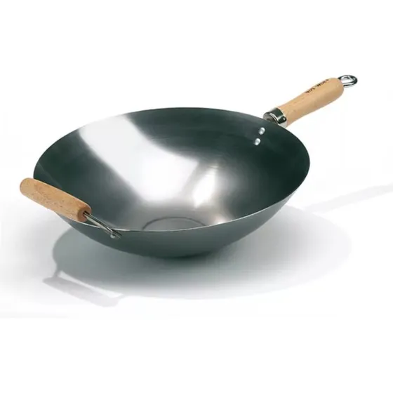 Hot Wok 35 cm wokpande i 1,5 mm carbonstål, træhåndtag