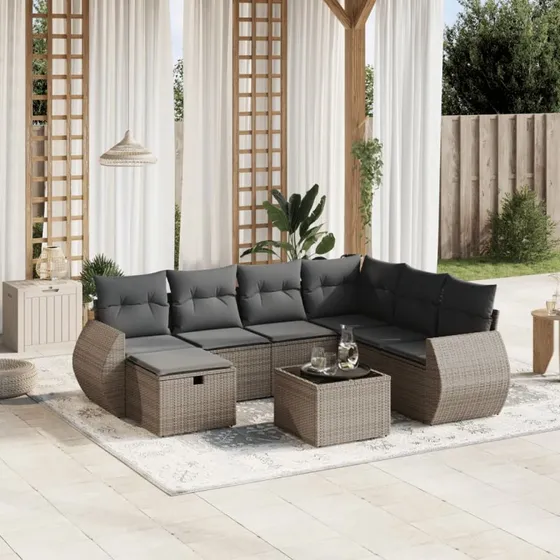 Sofasæt til haven 8 dele i grå polyrattan med hynder