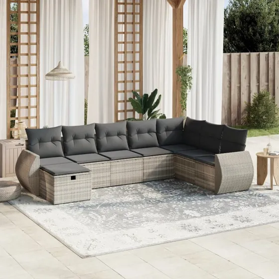 Havesofasæt 8 dele i lysegrå polyrattan med hynder