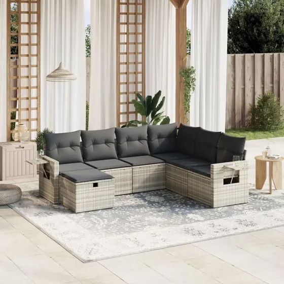 Havesofasæt 7 dele i lysegrå polyrattan med hynder