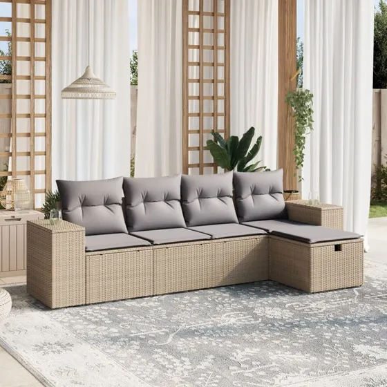 Havesofasæt 5 dele polyrattan med hynder – beige