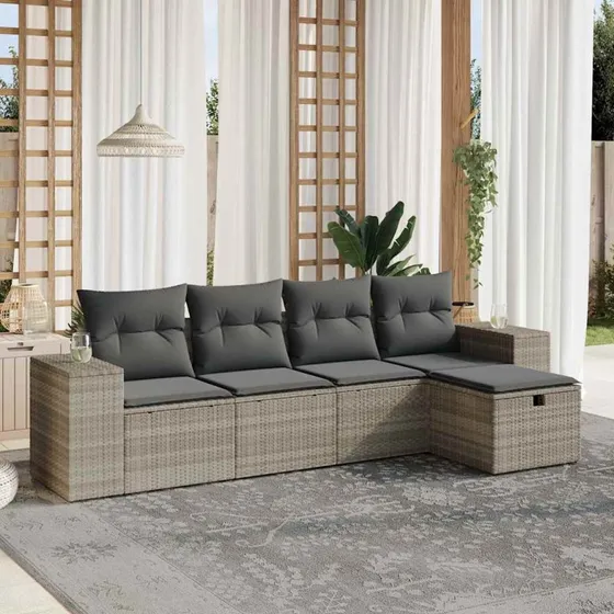 Sofasæt 5 dele i lysegrå polyrattan med hynder