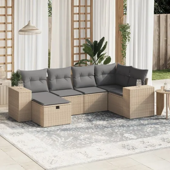 Havesofasæt 6 dele i polyrattan med hynder - beige