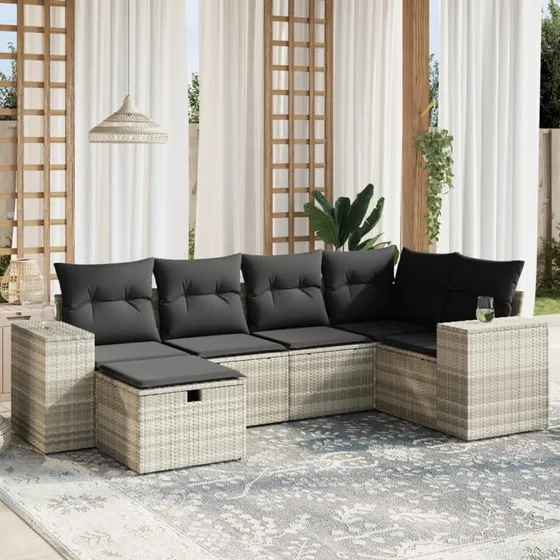 Havesofasæt 6 dele i lysegrå polyrattan med hynder