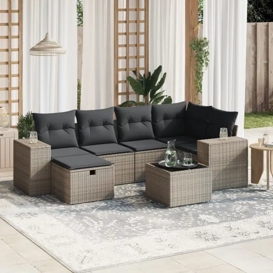 Havesofa sæt 7 dele i polyrattan med hynder – grå
