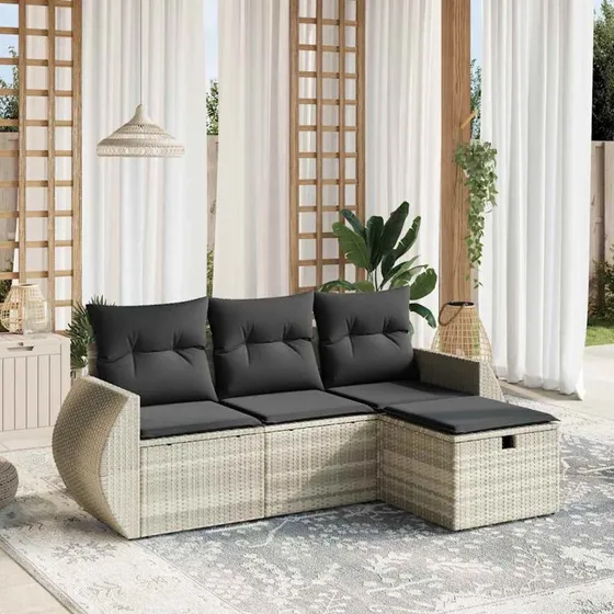 Havesofasæt 4 dele lysegrå polyrattan med hynder