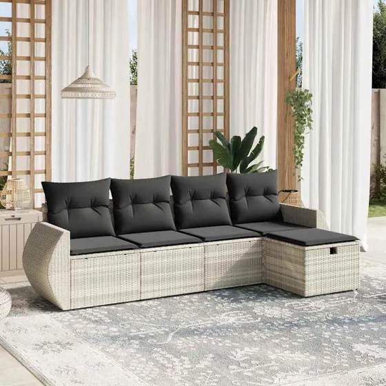 Havesofasæt 5 dele i lysegrå polyrattan med hynder