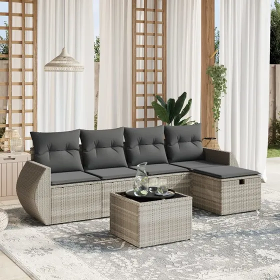 Havesofasæt 6 dele i lysegrå polyrattan med hynder