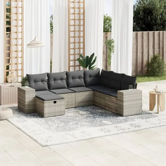 7-delers havesofasæt i lysegrå polyrattan med hynder