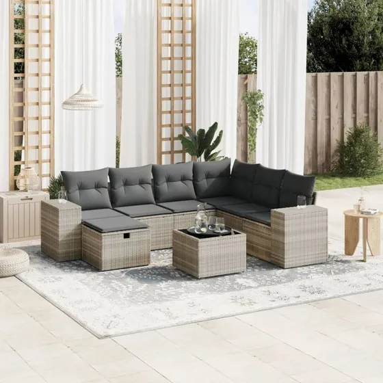 Havesofasæt 8 dele i lysegrå polyrattan med hynder