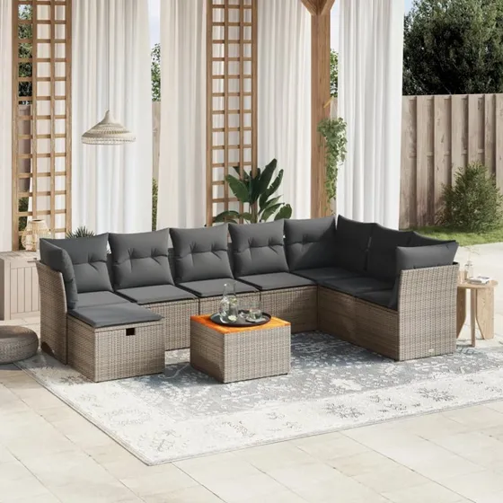 Havesofasæt 9 dele i polyrattan med hynder – grå