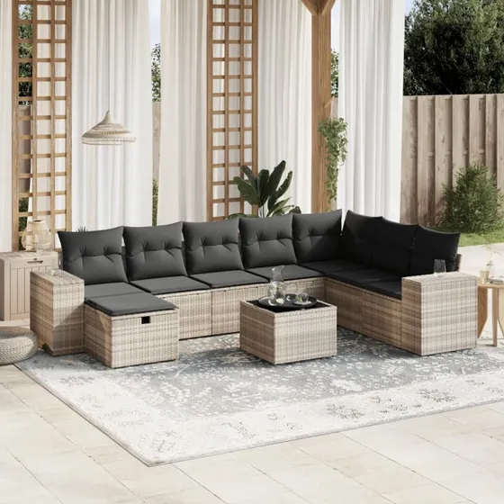 Havesofasæt 9 dele i polyrattan med hynder - lysegrå