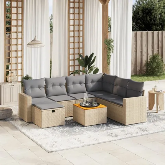 Havesofasæt 8 dele i beige polyrattan med hynder