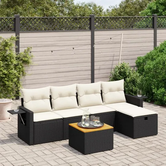 Havesofa sæt 6 dele i sort polyrattan med hynder