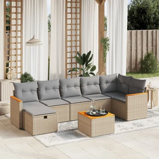 Havesofasæt 8 dele i polyrattan beige med hynder