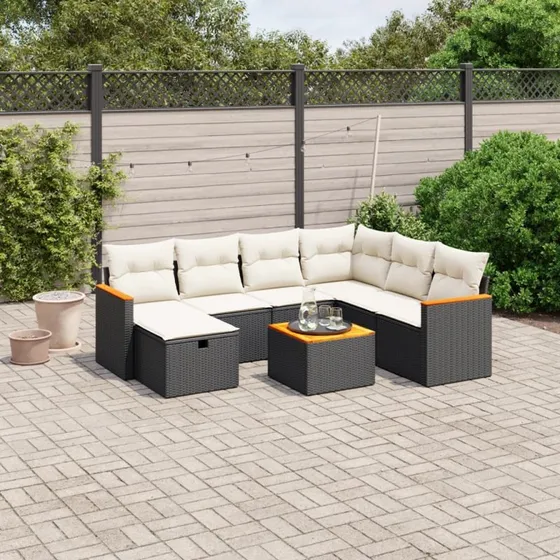 Havesofasæt 8 dele i sort polyrattan med hynder