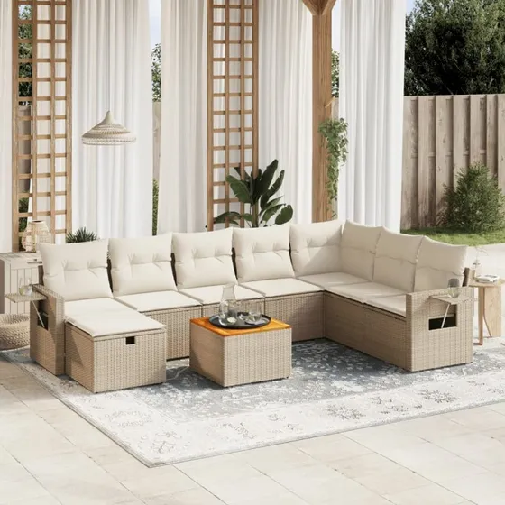 Havesofasæt 9 dele i polyrattan med hynder - Beige