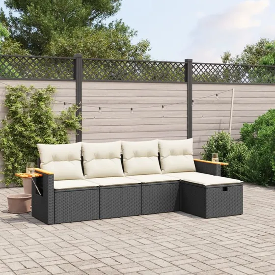 Havesofasæt 5 dele i sort polyrattan inkl. hynder