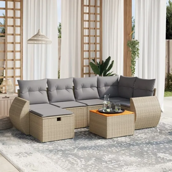 Havesofasæt 7 dele i polyrattan med hynder, beige