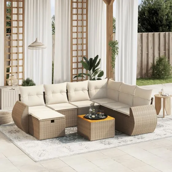 Havesofasæt 8 dele i polyrattan med hynder – beige