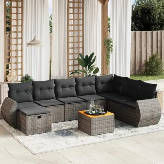 Sofasæt til haven 9 dele i grå polyrattan med hynder