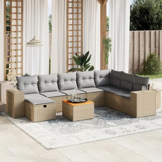 Havesæt 9 dele i beige polyrattan med hynder