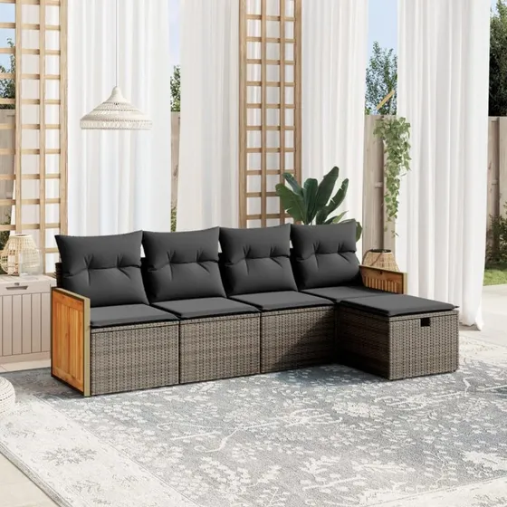 Sofasæt 5 dele med hynder i polyrattan – grå