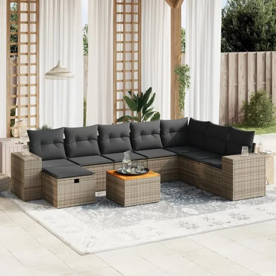 Sofasæt til haven 9 dele i grå polyrattan med hynder